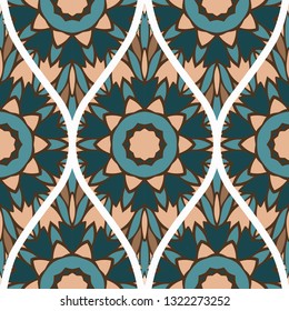 Pattern Of Abstract Mandala Flowers. Seamless Vector Illustration. For Design Greeting Cards, Backgrounds, Wallpaper, Interior Design. Tribal Ethnic Arabic, Fashion Decorative Ornament