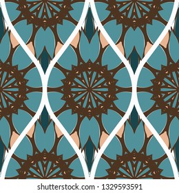 Pattern Of Abstract Mandala Flowers. Seamless Vector Illustration. For Design Greeting Cards, Backgrounds, Wallpaper, Interior Design. Tribal Ethnic Arabic, Fashion Decorative Ornament