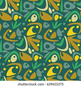 Pattern with abstract motives in green color in the background. Material for card design, textile, background, wallpapers, wrapping paper, texture, vintage