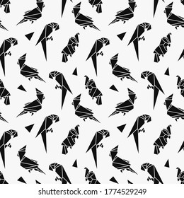 pattern with abstract parrots, black and white, origami