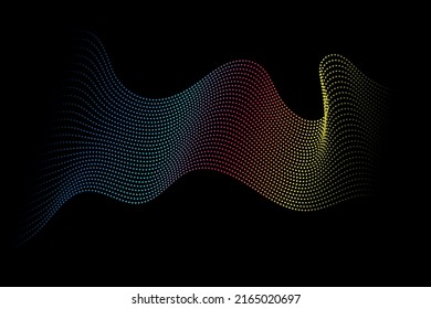 Pattern of abstract particle dots in colorful waves flowing on a black background for technology, music, science, digital