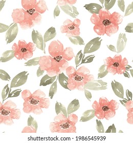 Pattern with abstract peach flowers and watercolor leaves on a transparent background