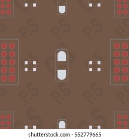 Pattern with abstract placement of components (geometries, cells) with blue silkscreen and white pads on brown background with lettering "C.S, P.S" (COMPONENT SIDE, PRINT SIDE). Abstract pcb design.