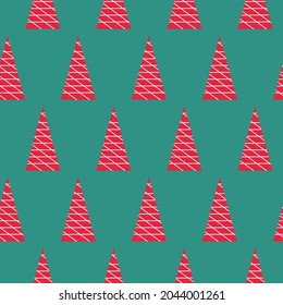 Muster aus abstrakten roten Weihnachtsbäumen auf grünem Hintergrund. Vektorgrafik zu Weihnachten. Für Drucke, Verpackungen, Stoffe, Flyer, Preisschilder, Geschenkläden.
