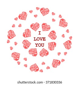 Pattern with abstract red hearts in ethnic style for drawing on greeting card, wedding, on cookware or vase, holiday, or other
