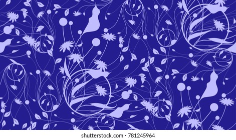 Pattern abstract seamless from silhouettes of plants on a blue background. For fabric, wallpaper, wrapping paper.