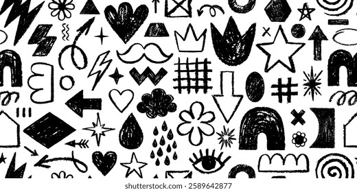 Pattern with abstract shape and line graphic. Vector charcoal background. Modern abstract geometric design bg. Black brush line shape element, geometric paint art. Crayon hand drawn seamless pattern
