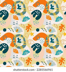 Un patrón con formas abstractas que se asemejan a elementos de verano, conchas, hojas, plantas marinas etc. Naranja, azul, rosa, amarillo. Para envolver papel, textiles, papel pintado