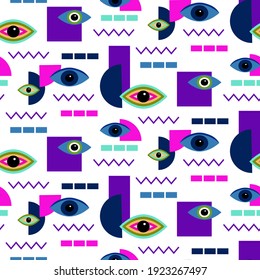 Pattern with abstract shapes and stylized eyes. Mystical theme. Vector illustration. Psychedelic illustration in the style of Matisse on a white background. Modern bright design for decor - wrapping