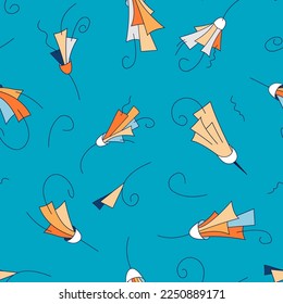 Pattern of abstract shapes, stylized flower buds. Orange, blue, white pointed petals.