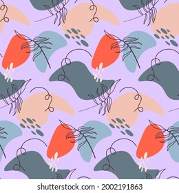 Pattern with abstract spots and leaves. Modern creative design. Vector illustration. For use in prints and brochures, leaflets, promotions, promotions and flyers, packaging.