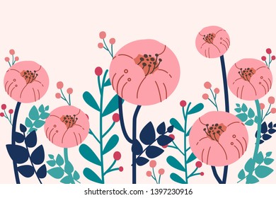 The pattern of abstract spring flower and green leaves in flat vector style.Illustration about flower
for background, graphic,content , banner, sticker label and greeting card. 