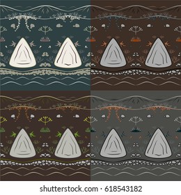 Pattern abstract stones. Seamless ornament with stones mountains and plants on a green background in calm colors. For clothes and fabrics