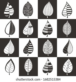 Pattern with abstract stylized leaves in square. Black and white illustration