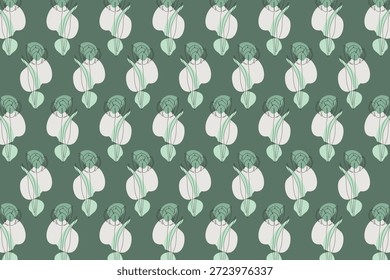 Padrão de tulipas abstratas e formas orgânicas em tons verdes silenciados