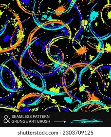 Pattern with abstract wavy shapes, swirls, twirls, paint brush strokes, blots, spattered paint of neon bright colors. Grunge style for sports goods, prints, clothing, t shirt design, vinyl wrap.