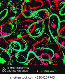 Pattern with abstract wavy shapes, swirls, twirls, paint brush strokes, blots, spattered paint of neon bright colors. Grunge style for sports goods, prints, clothing, t shirt design, vinyl wrap.