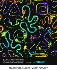 Pattern with abstract wavy shapes, swirls, twirls, paint brush strokes, blots, spattered paint of neon bright colors. Grunge style for sports goods, prints, clothing, t shirt design, vinyl wrap.