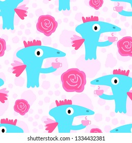 Pattern abstract weird drinking from a Cup and roses on a light background. Pattern for textile, background, wrapping paper, Wallpaper, cover.