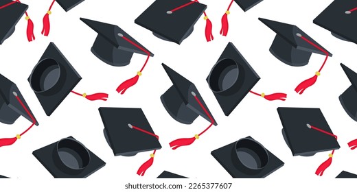 The pattern of academic hats in different angles. High school or college graduation. Class 2023 in black and red. Congratulations to the graduates of 2023 with a background postcard. Packaging