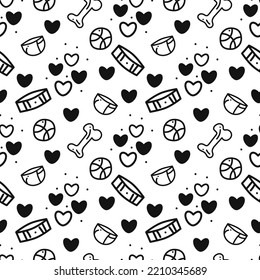 Pattern accessories for dogs6. Seamless pattern with hearts, dog's bowl, bone, collar, ball. Black and white cartoon doodle illustration.