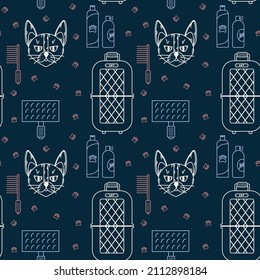 Pattern with Accessories for pets and cats. Doodle characters with cats background, toys and food. Love for pets cats. Vector illustration
