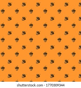 Pattern with acorn isolated on an orange background. Flat style. Vector illustration.