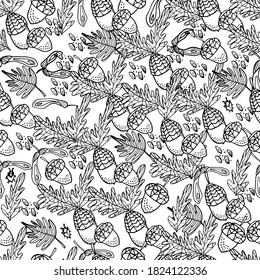 Pattern with acorn, leaves, chestnut, insects. Coloring book for children and adults. Background with an insect, small details. Autumn leaves. For textiles, coloring, banners, design paper. 