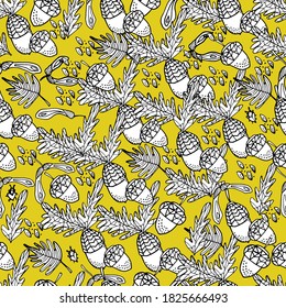 Pattern with acorn, leaves, chestnut, insects. Coloring book for children and adults. Background with an insect, small details. Autumn leaves. For textiles, coloring, banners, design paper. 