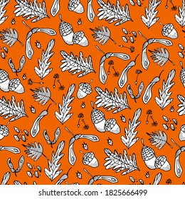 Pattern with acorn, leaves, chestnut, insects. Coloring book for children and adults. Background with an insect, small details. Autumn leaves. For textiles, coloring, banners, design paper. 