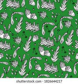 Pattern with acorn, leaves, chestnut, insects. Coloring book for children and adults. Background with an insect, small details. Autumn leaves. For textiles, coloring, banners, design paper. 
