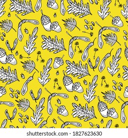 Pattern with acorn, leaves, chestnut, insects. Coloring book for children and adults. Background with an insect, small details. Autumn leaves. For textiles, coloring, banners, design paper. 