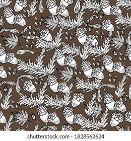 Pattern with acorn, leaves, chestnut, insects. Coloring book for children and adults. Background with an insect, small details. Autumn leaves. For textiles, coloring, banners, design paper. 