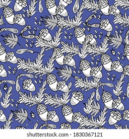 Pattern with acorn, leaves, chestnut, insects. Coloring book for children and adults. Background with an insect, small details. Autumn leaves. For textiles, coloring, banners, design paper. 