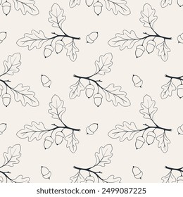 Pattern acorn oak branch, contour drawing  oak on beige background.