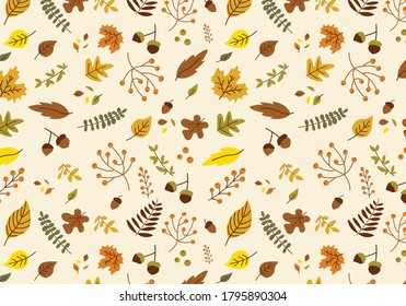 Patrón con bellotas y hojas de roble otoñales en naranja, beige, marrón y amarillo. Concepto estacional. Ilustración vectorial.