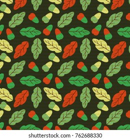 Pattern with acorns and autumn oak leaves on the black background vector illustration. 