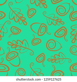Pattern Acorns. The contours of acorns, caps and oak leaves are bronze in color. Background mint color. Styling. Vector image.