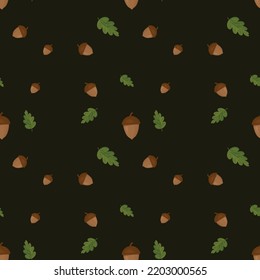 pattern of acorns and leaves on black background .vector nature illustration