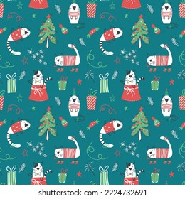 Pattern of adorable cats celebrating Christmas. Vector background of cute pets playing with Christmas decorations.