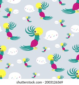 Patrón de adorable canto de loro. Carácter de pájaro con plumas verdes y violetas. ilustración vectorial.