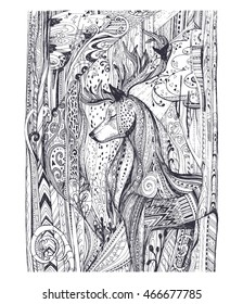 Pattern for adult, children coloring book page with magic ethnic deer in mysterious forest. Cute Doodle sketch, black and white zentangle design. Hand drawn vector illustration.