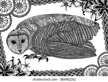 Pattern for adult coloring book with barn owl. A4 size. Hand drawn design with ethnic, doodle and zentangle elements. Vector.