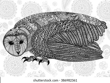 Pattern for adult coloring book with barn owl. A4 size. Hand drawn design with ethnic, doodle and zentangle elements. Vector.