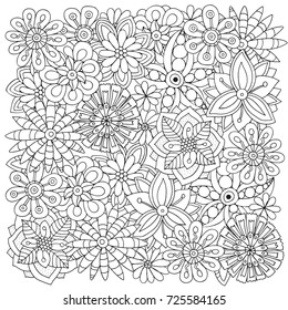 Pattern for adult coloring book.  Flowers. Ethnic, floral, retro, doodle, vector, tribal design element. Black and white  background.