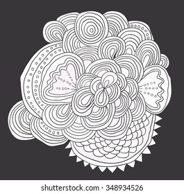 Pattern for adult coloring book. Uncolored hand drawn tracery with floral motif. Black background. 