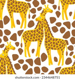 A pattern with adult yellow giraffes and their pattern on the skin. Cartoon drawing, minimalism. Vector illustration. Seamless on a white background.