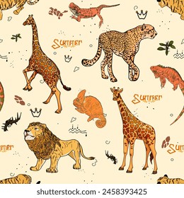 Pattern of african animals. Lion, cheetah, elephant, giraffe, antelope, rhino, zebra, lemur. Palm and banana leaves. For printing, card, clothes, icon, logo