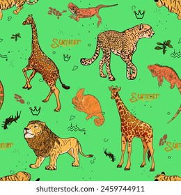 Pattern of african animals. Lion, cheetah, elephant, giraffe, antelope, rhino, zebra, lemur. Palm and banana leaves. For printing, card, clothes, icon, logo