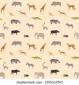 
Pattern of african animals. Seamless pattern with african animals such as elephant, zebra, giraffe, hippo etc. Illustration in a flat style. Vector 8 EPS.